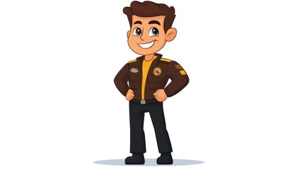 Fototapeta premium Cartoon pilot standing confidently with a flight jacket and a smile, ready for takeoff, isolated on white background.