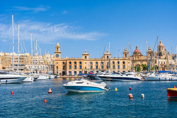 Boats and yachts in the harbour in the Three Cities near Valletta, Malta