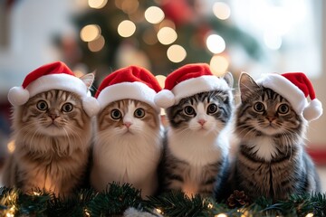 Four cute cats in Christmas Santa hats sit against a backdrop of Christmas lights. New Year's card for animal lovers