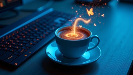 Generative AI, a cup of coffee with a butterfly on top of it sitting on a laptop keyboard with a colorful background, galaxy, computer graphics, computer art
