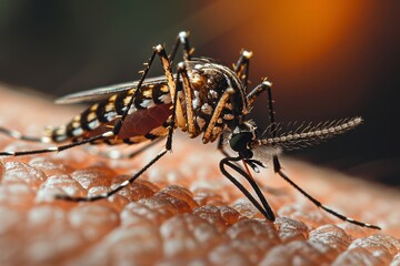 Macro view of a mosquito feeding on human skin, highlighting its legs and feeding proboscis