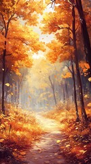 A pathway through a golden autumn forest.