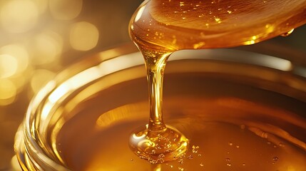A close-up shot of honey dripping from a wooden spoon into a jar, with the rich, golden liquid forming slow, graceful streams.