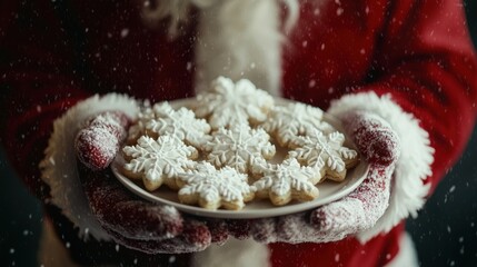 Smiling Santa Offering Snowflake Christmas Cookies with Sugar Frosting