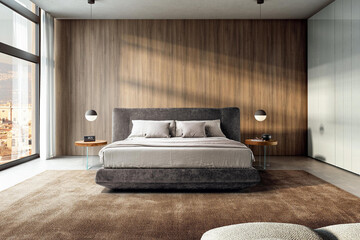 Modern luxury bedroom interior in minimal scandinavian style