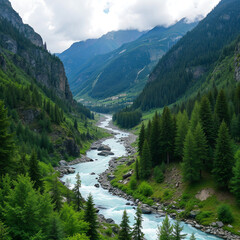 Obraz premium Mountain Stream Flowing through Pine Forest and Rocky Terrain