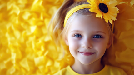 Beautiful smiling girl with a yellow flower on a yellow background. Childhood Cancer Day. Horizontal banner. Free space for text. Treatment of sick children concept