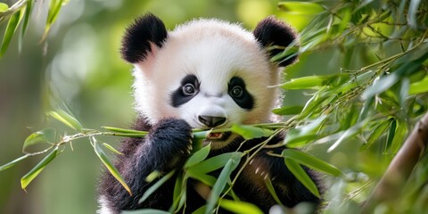 Obraz premium Adorable Panda Cub Munching on Bamboo: A captivating image of a playful panda cub indulging in its favorite treat, bamboo, amidst lush greenery.