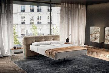Modern luxury bedroom interior in minimal scandinavian style