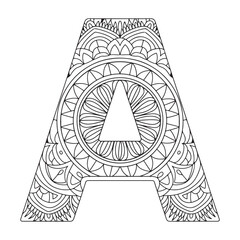 Vector Coloring page for adults. Contour black and white Capital English Letter A on a mandala background