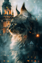 majestic cat gazes thoughtfully, its fluffy fur illuminated by warm glow of city lights in background