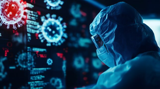 A healthcare professional in protective gear analyzes virus data on a high-tech screen, highlighting the urgency and complexity of pandemic response.