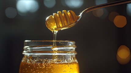 A spoonful of honey drips into a glass jar, with the sticky sweetness glistening in the light, representing nature's pure sweetness.