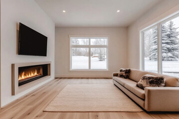 Fototapeta premium Cozy modern living room with fireplace and large window during winter snow