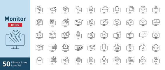 Monitor Line Editable Stroke Icons Set. PC, Computer Functions, Settings, Technology, Security, Shopping, Wallet, Marketing, Promotion, Communication Collection Vector Illustration.