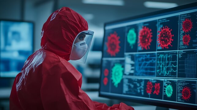 A researcher in a protective suit analyzes COVID-19 data on multiple screens, displaying virus representations and complex graphs in a lab setting. - Powered by Adobe