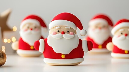 Christmas cookies in the shape of Santa with sugar icing lie on a table, against the background of fir branches and Christmas decorations