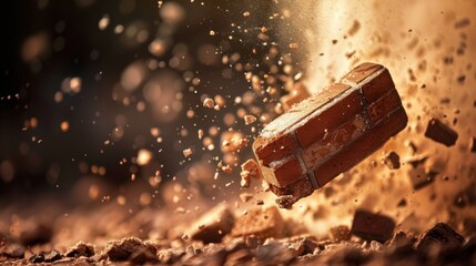A brick breaking apart as it hits the ground, symbolizing a forceful impact