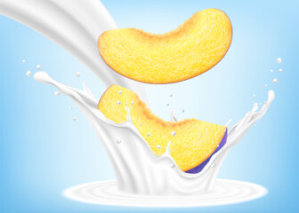 Juicy plum slices falls into a splash of yogurt or milk, cocktail splash with drops, Milkshake splash with sweet juicy fruit. Realistic 3d vector illustration