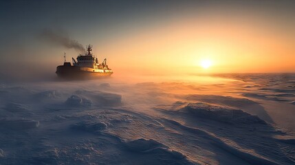 An icebreaking vessel plowing through Arctic ice as the sun rises on the horizon, casting warm light over