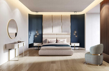 Modern luxury bedroom interior in minimal scandinavian style