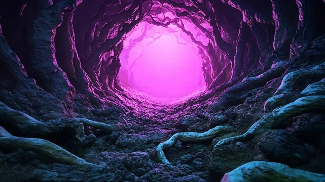 A mystical, glowing, purple cave tunnel evocative of fantasy realms and eerie Halloween themes