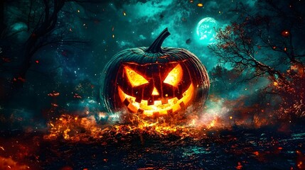 A jack-o'-lantern with a sinister, glowing grin, half-buried in the ground