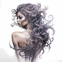 Elegant monochrome floral illustration with intricate details and flowing lines.