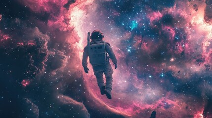 Obraz premium Astronaut floating peacefully in space, surrounded by swirling pink and blue nebulae