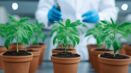 Fototapeta premium A researcher in a lab carefully tends to young cannabis plants in brown pots, showcasing healthy greenery and a nurturing environment.