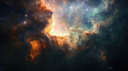 Naklejka premium A vibrant cosmic nebula filled with stars and colorful gases, showcasing the beauty of space.