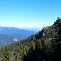 Fototapeta premium Vast mountain landscape with dense pine forests under a clear blue sky
