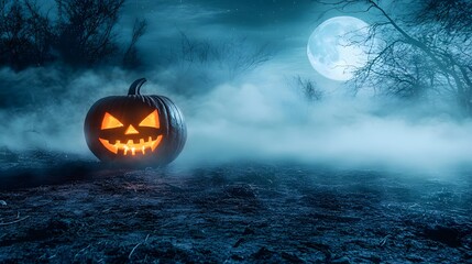 A jack-o'-lantern with a sinister, glowing grin, half-buried in the ground