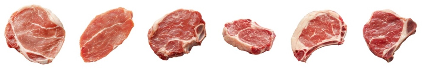 Fototapeta premium Collection of fresh pork slices arranged on a white background, perfect for culinary and food photography. on transparent cutout, PNG file
