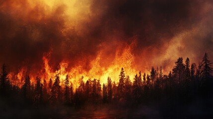 Burning forest as a result of global warming, with thick, dark smoke billowing up into the sky