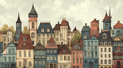 Obraz premium Illustration of a picturesque European city with colorful buildings and charming details.