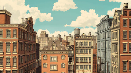 Fototapeta premium A colorful illustration of a row of old, brick buildings in the city.