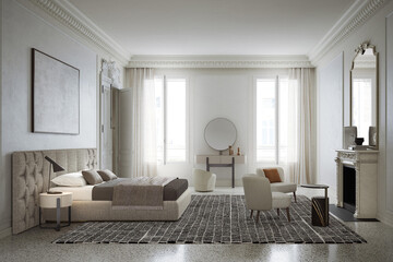 Modern luxury bedroom interior in minimal scandinavian style