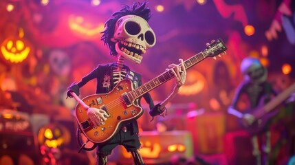 Obraz premium A bone-guitar-strumming zombie band performs at a Halloween concert, with dancing monsters under humorous, spooky decorations.