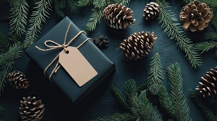 Christmas-themed black gift box, surrounded by fir branches and pine cones, featuring a blank tag for customization,