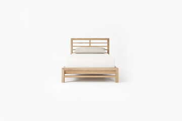 Classic double bed with big headboard isolated on white, front view