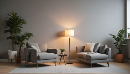 A cozy living room with a gray sofa, a potted plant, and a floor lamp. The room has warm lighting and a minimalist, modern decor style.