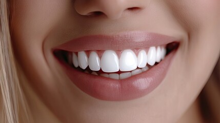 Obraz premium Close-up of a beautiful woman radiant smile, showcasing perfectly white teeth after a dental whitening procedure.
