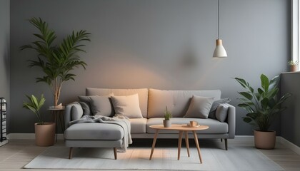Fototapeta premium A cozy living room with a gray sofa, a potted plant, and a floor lamp. The room has warm lighting and a minimalist, modern decor style.