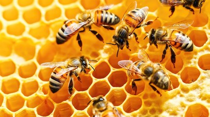 Close-up shot of bees busily working on honeycomb cells, the intricate structure of the hive visible as they tend to the honey.