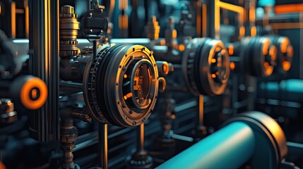 Close-up of a power plant control room, featuring valves and pipes that run across the industrial interior