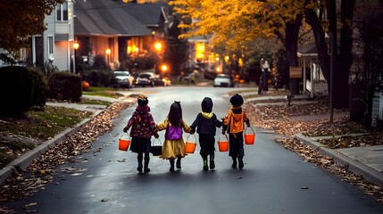 kids walk the streets on Halloween and collect candy