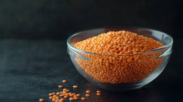 "Red lentils in a glass bowl, showcasing a heap of dry orange lentil grains (masoor dal), also known as Lens culinaris or Lens esculenta, placed against a dark background."






