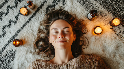 20240929200304list 19 A tranquil scene of a woman lying on a soft rug with aromatherapy candles and essential oils nearby, creating a calming atmosphere for self-care and relaxation 