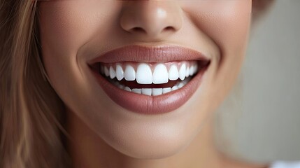 Obraz premium Female model white teeth gleaming, capturing the results of a successful whitening procedure.